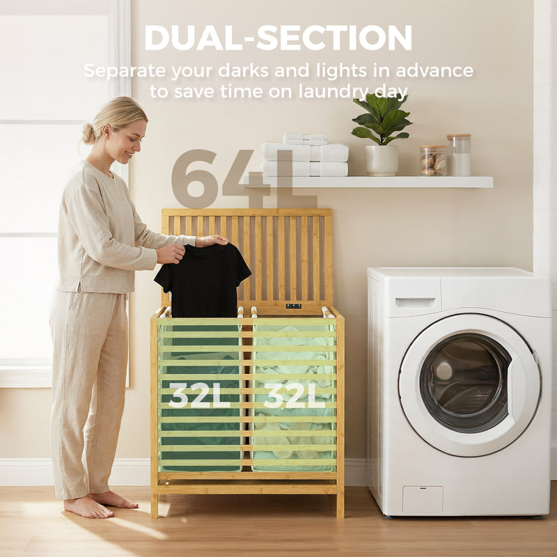 HOMCOM Bamboo Laundry Basket with Lid, 2 Baskets, Foldable, 64L, Natural and Cream White – view 4