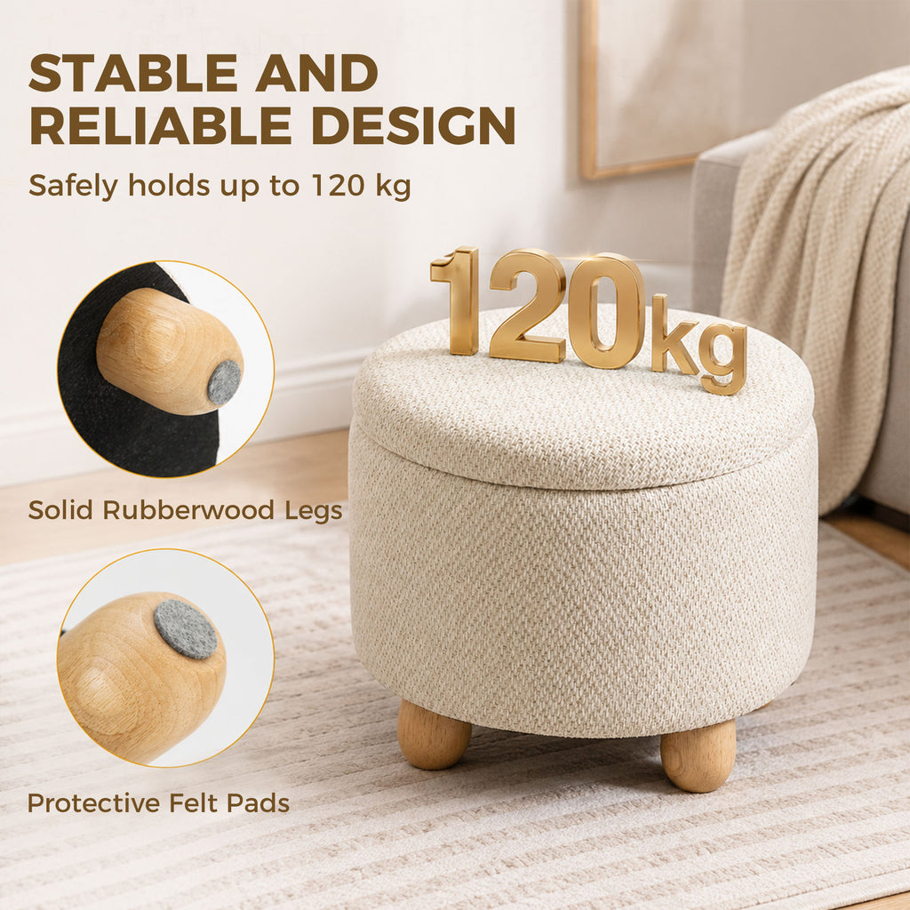 Storage Sitting Bench with Lid, Round Storage Ottoman with Rubberwood Legs, Beige