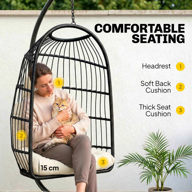 Outsunny Hanging Egg Chair, Indoor Outdoor Hammock Swing Chair with Stand, Safety Strap, Foldable Basket, Black/Cream – view 6