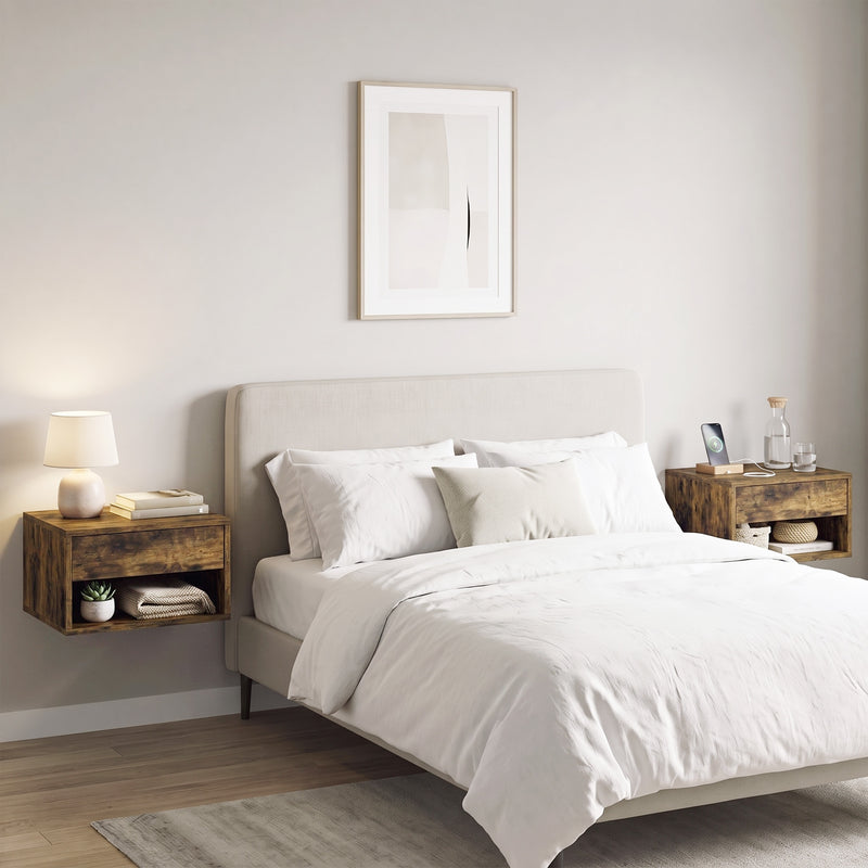 HOMCOM Set of Two Floating Bedside Tables - Rustic Brown – view 8