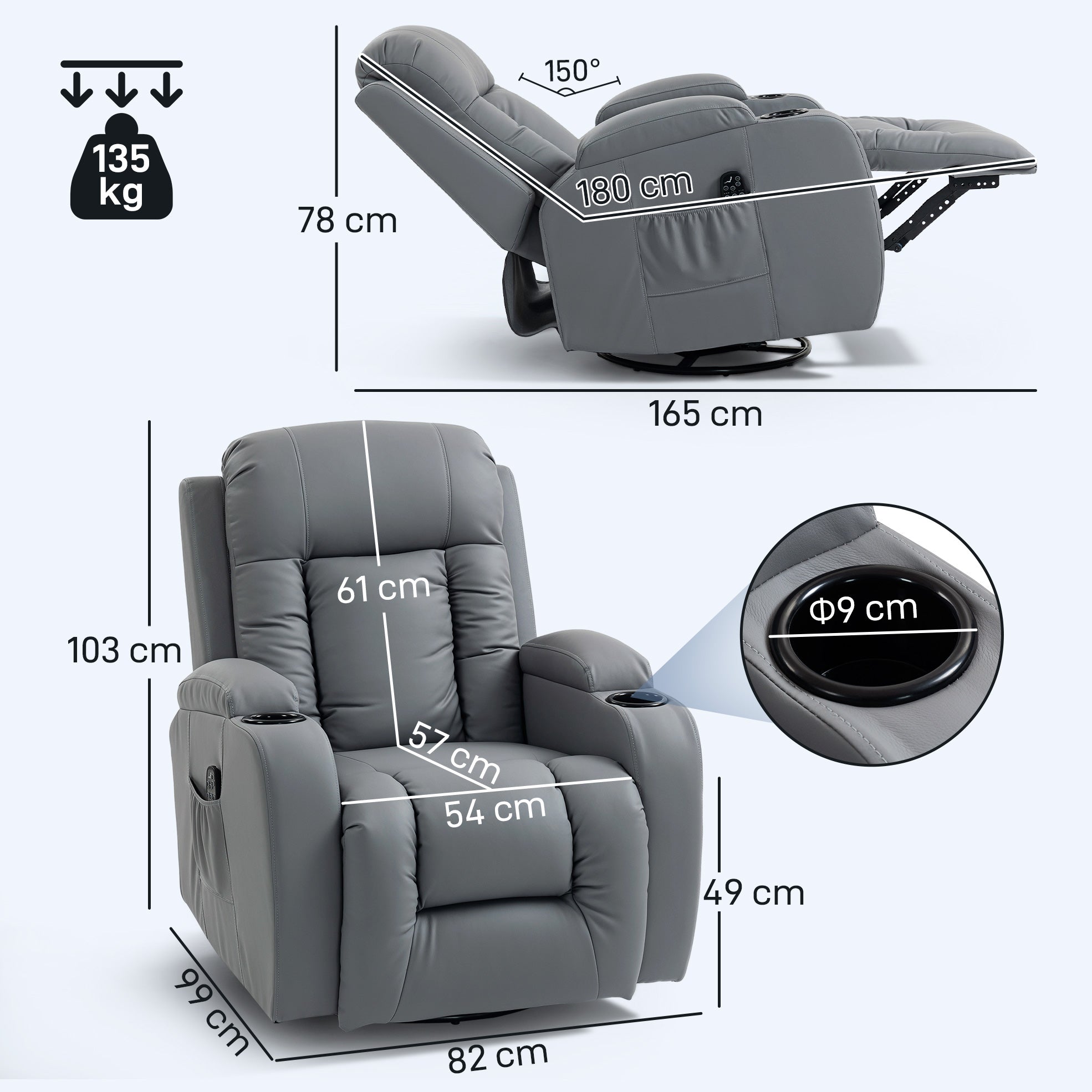 Massage Recliner Armchair, PU Leather Recliner Chair, Grey