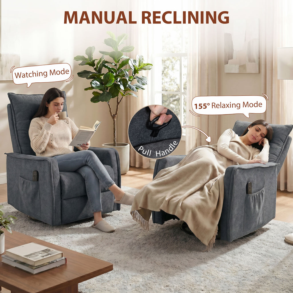 Recliner Armchair, Chenille Recliner Chair with Massage and Heat, 360Â° Swivel Rocking Manual Recliner, Dark Grey