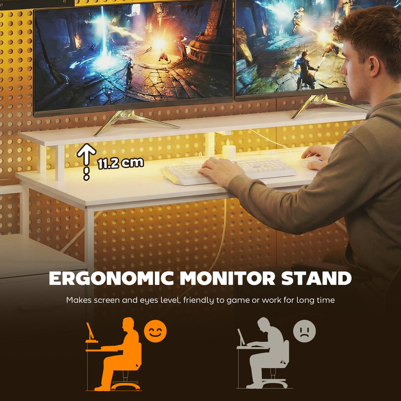 HOMCOM 147cm Gaming Desk with Charging Station and Monitor Stand, Computer Table for Home Office with RGB Lights, White – view 7