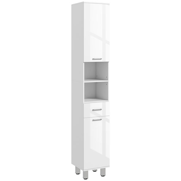 White 180 cm tall slim bathroom cabinet with drawer, open shelves and gloss doors