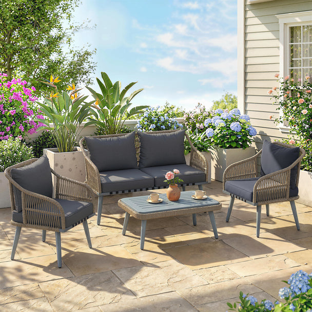Grey rattan sofa set with wood table – image 2