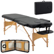 Black two-section folding wooden massage table with removable headrest and armrests