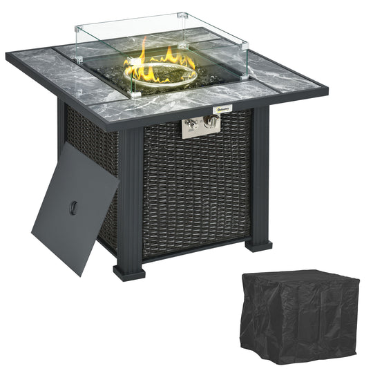 Black square rattan gas fire pit table with glass windscreen and blue glass stones