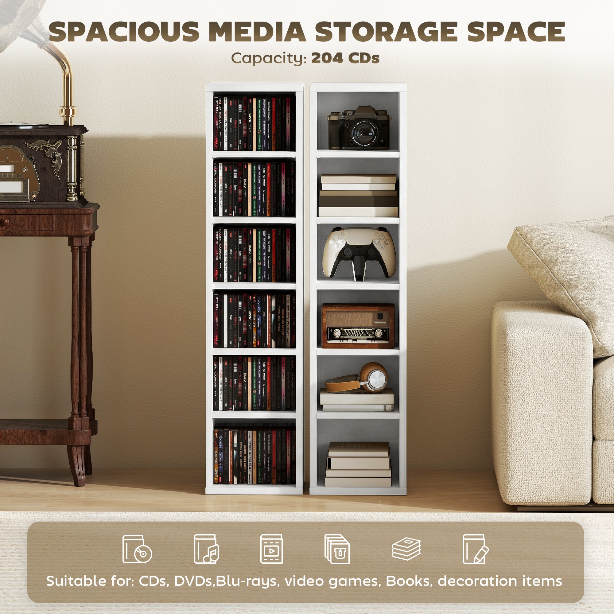 Set of 2 CD Media Display Shelf Unit Tower Rack with Adjustable Shelves, White