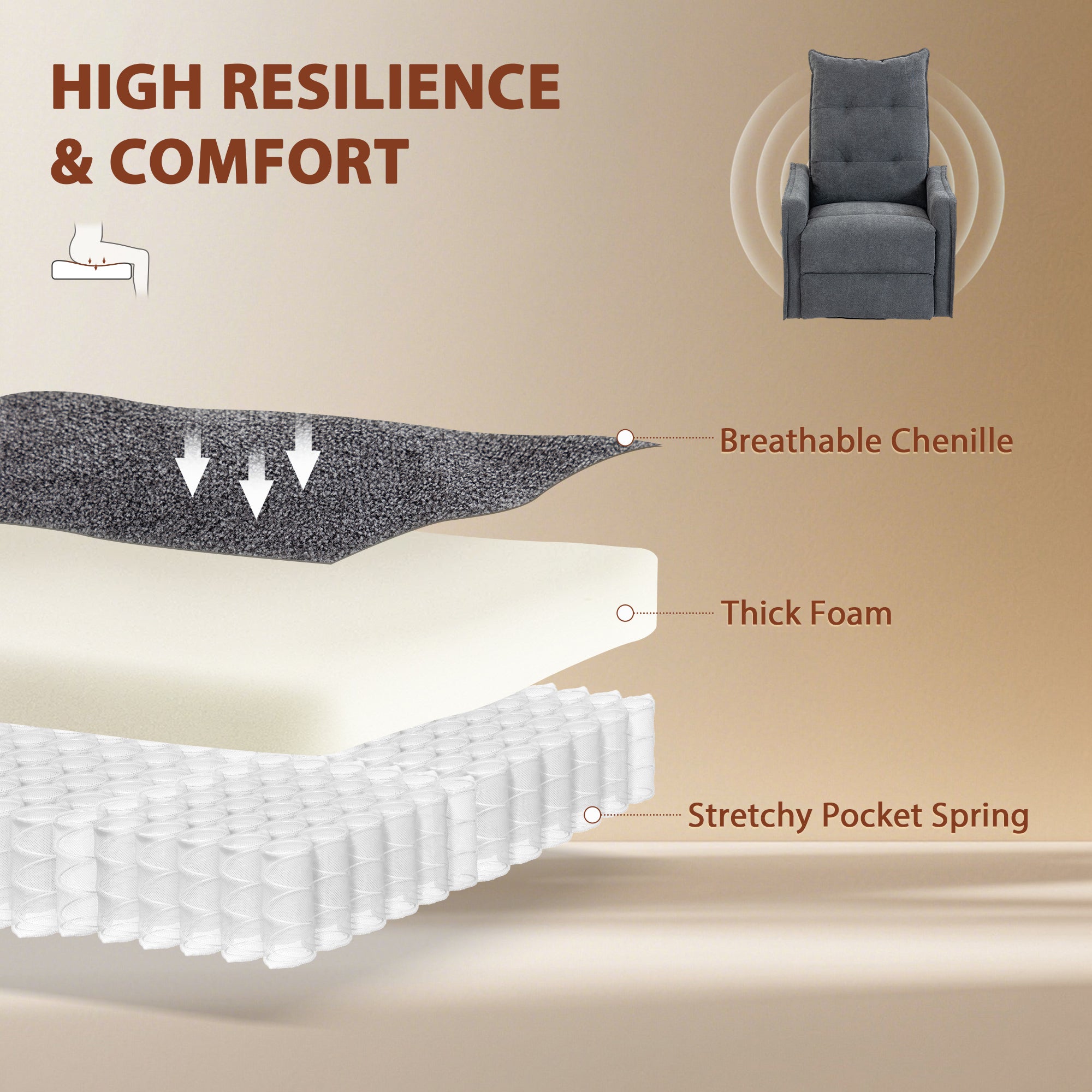 Recliner Armchair, Chenille Recliner Chair with Massage and Heat, 360Â° Swivel Rocking Manual Recliner, Dark Grey