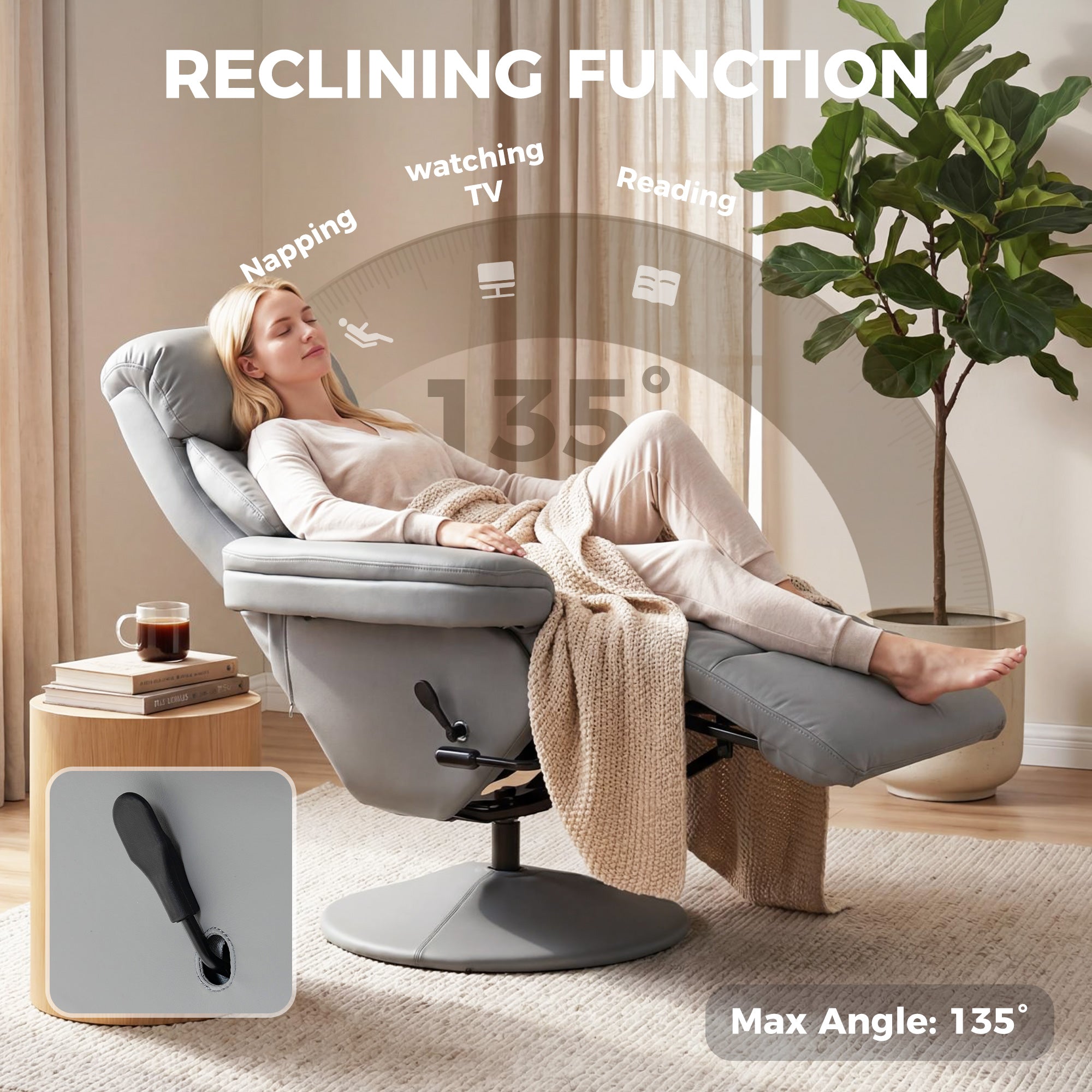 Upholstered Reclining Armchair, Manual Recliner Chair with Footrest and Adjustable Backrest, Grey