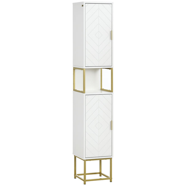 White narrow tall bathroom cabinet with embossed doors, open shelf and gold steel base