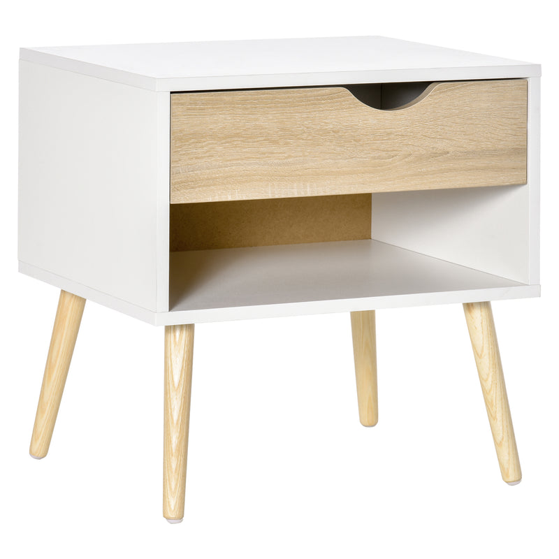 White and oak bedside table with drawer, open shelf and solid wood legs