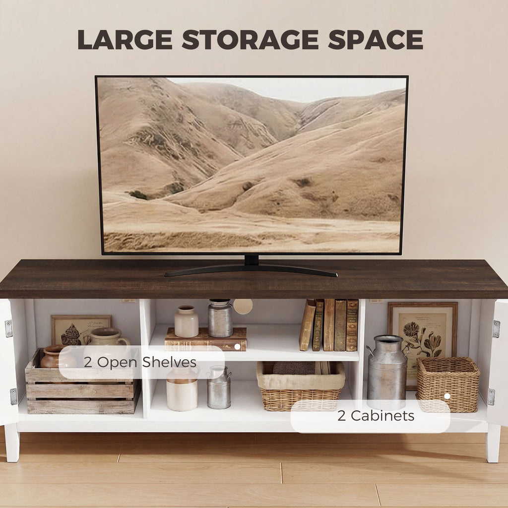 TV Unit for TVs up to 42 Inch, Farmhouse Entertainment Centre with 2 Open Shelves, 2 Cabinets and Thick Top