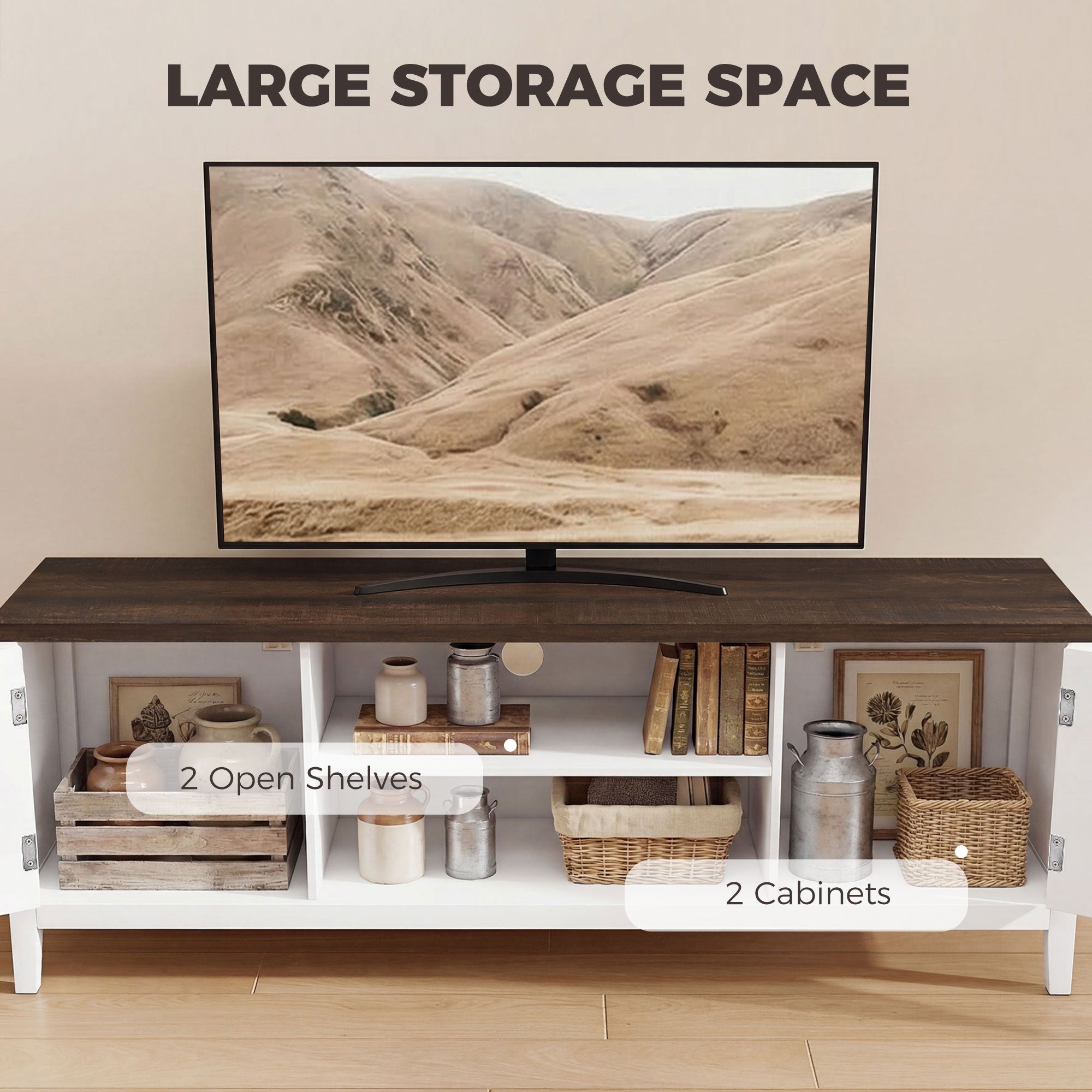 TV Unit for TVs up to 42 Inch, Farmhouse Entertainment Centre with 2 Open Shelves, 2 Cabinets and Thick Top