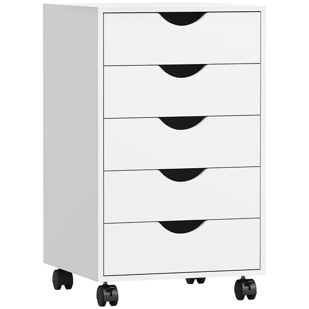 White five-drawer mobile filing cabinet on wheels with printer-ready top