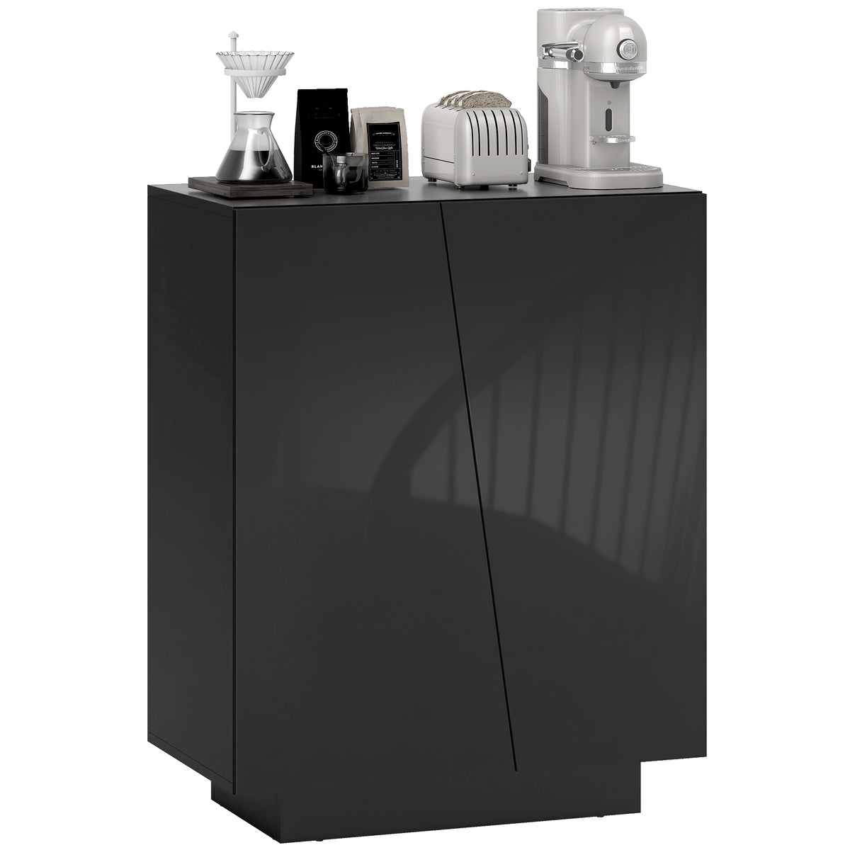 Black high gloss storage cabinet with diagonal-cut doors