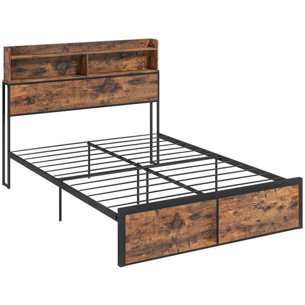 Industrial double bed frame with two-compartment rustic brown storage headboard
