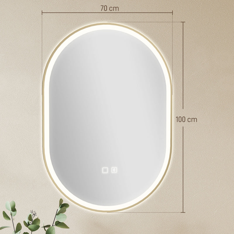 HOMCOM Bathroom Mirror with LED Lights, 100x70cm Oval Bathroom Mirror, Dimmable, Bluetooth, Anti-Fog, Gold Tone – view 3