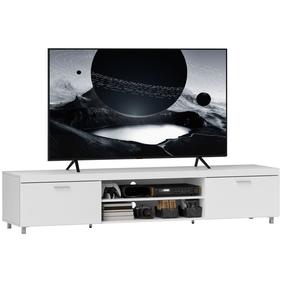 200 cm TV Unit with 2 Cabinets & Open Shelves – White