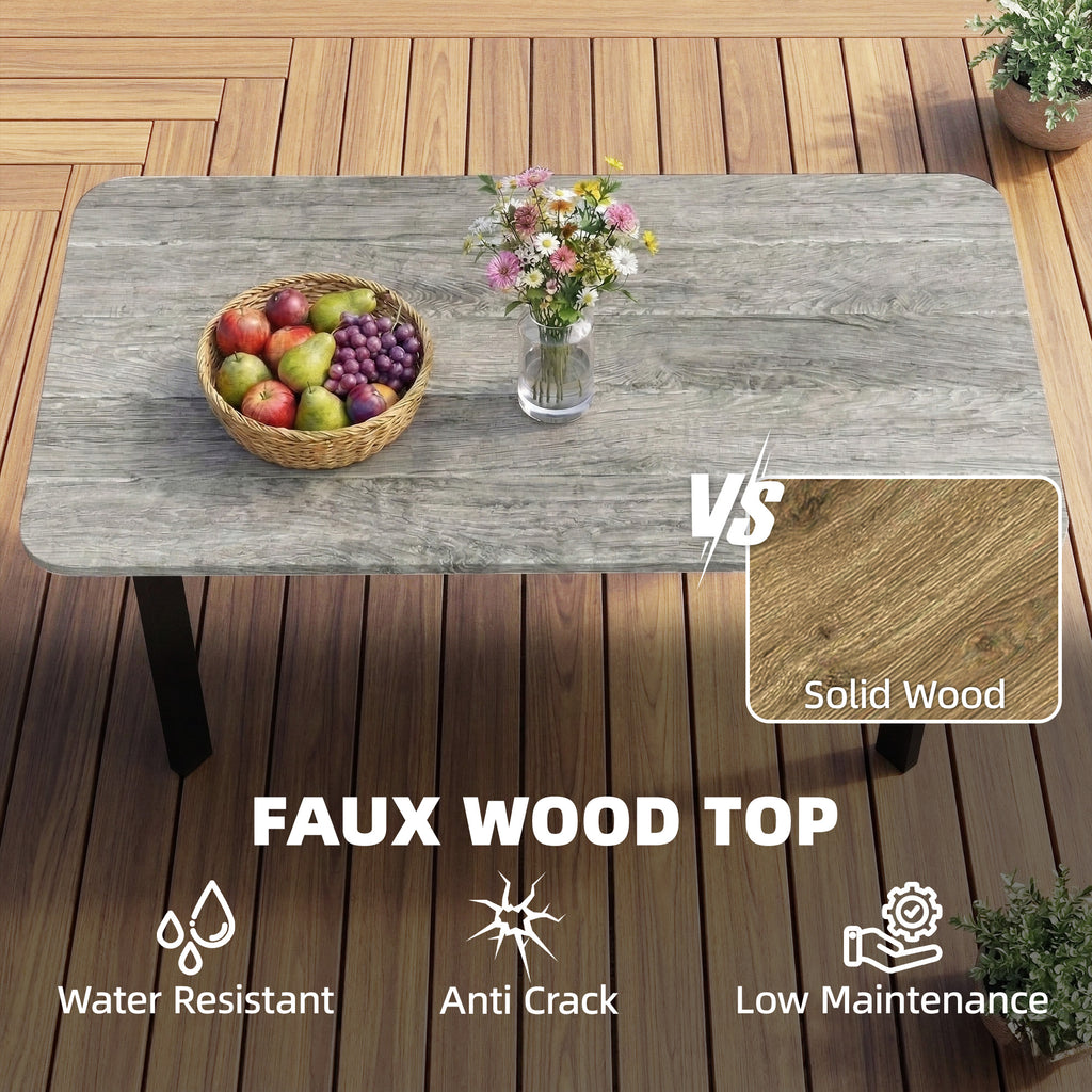 Outdoor Garden Coffee Table, Garden Table with Slatted Wood Plastic Composite Top and Metal Frame, Grey