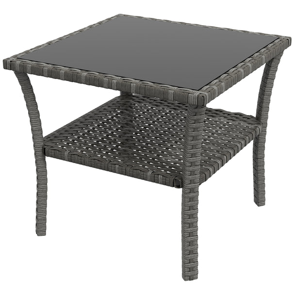 Grey square two-tier rattan coffee table with tempered glass top