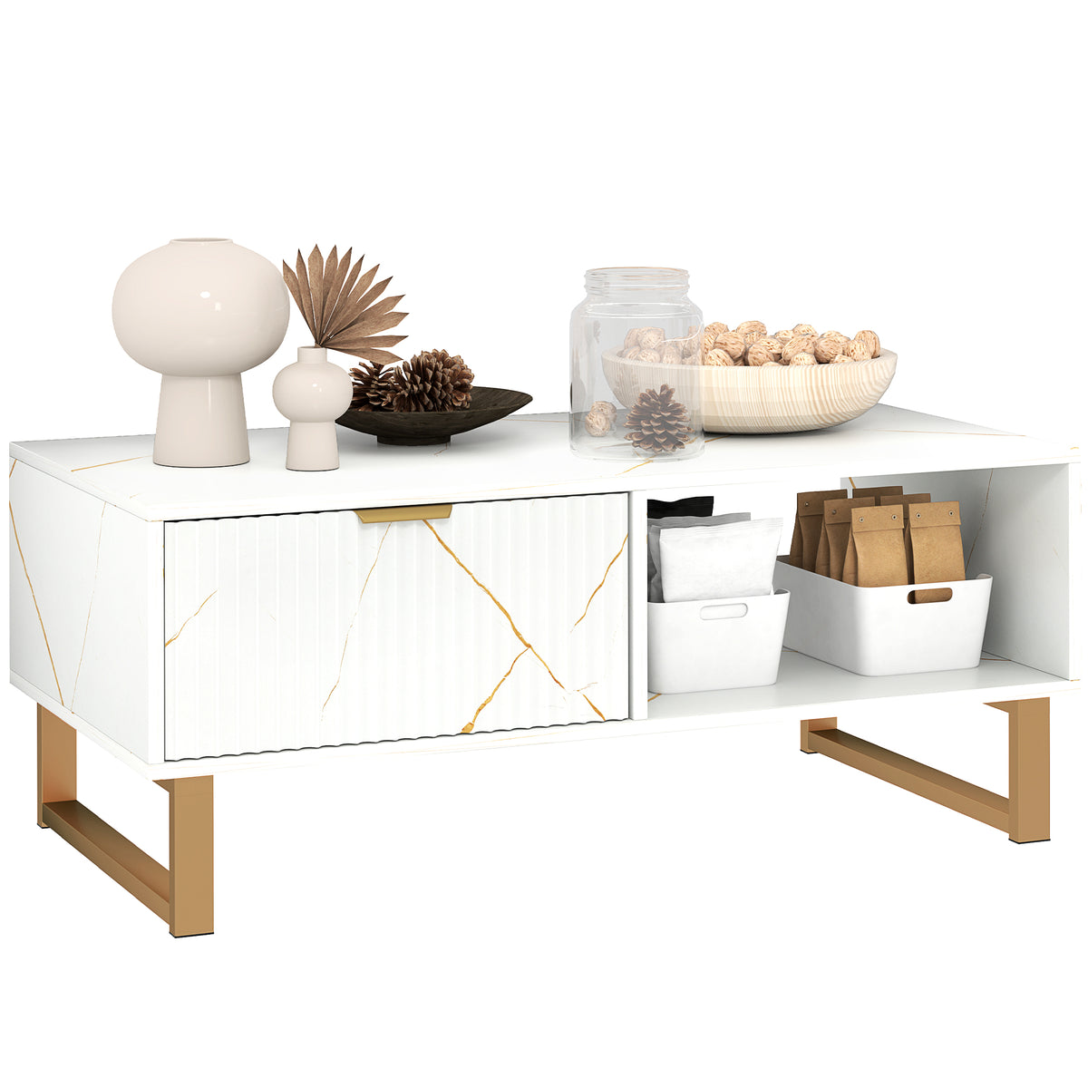100 cm Marble-Effect Coffee Table with Drawer & Shelves – White