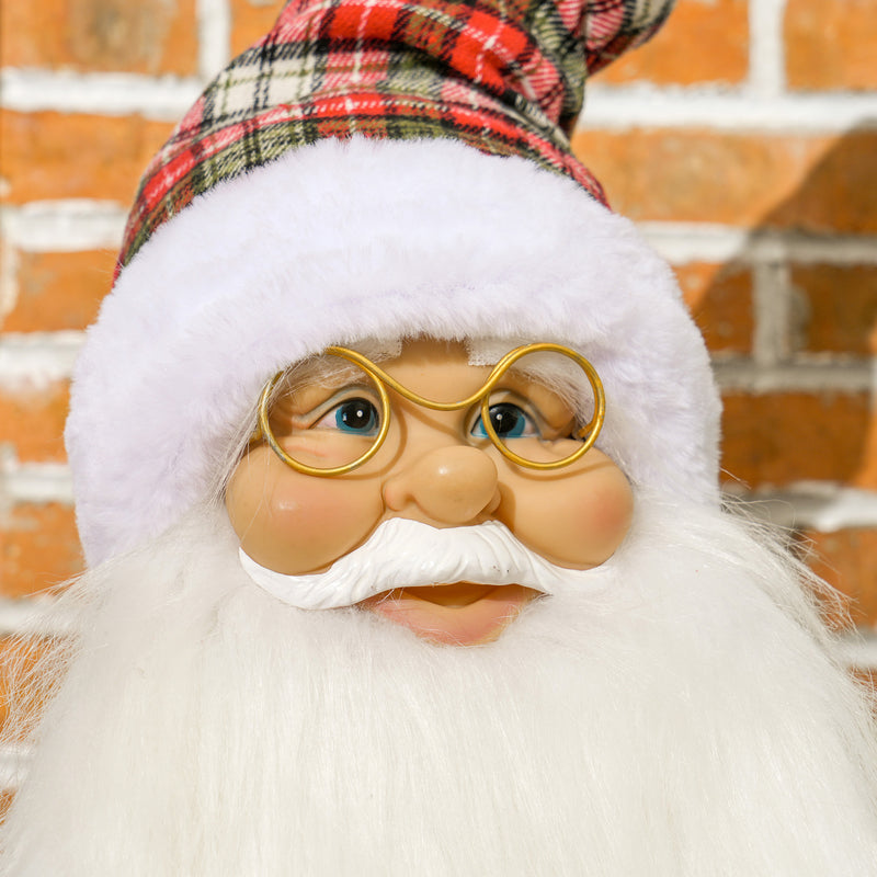 Santa figure displayed beside a Christmas tree