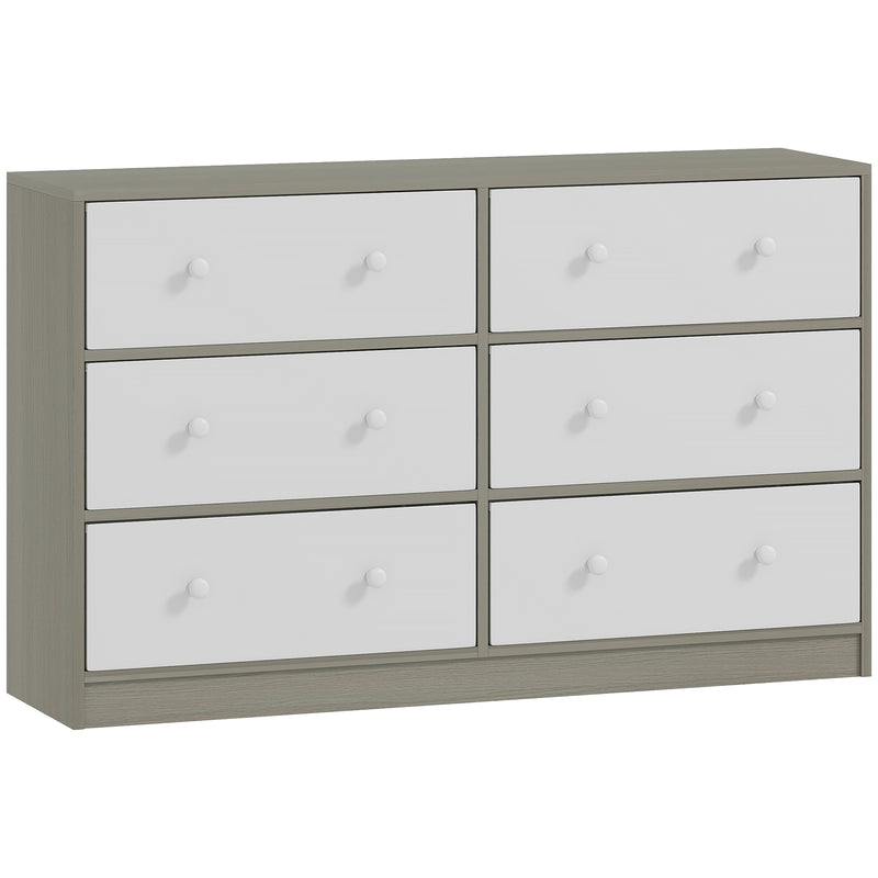 White and grey wide 6-drawer fabric chest of drawers with wood-effect top