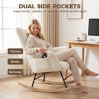 Rocking Chair, Teddy Fleece Rocker Chair with Tufted Wingback, Side Pockets, Rubber Wood Legs, Cream White