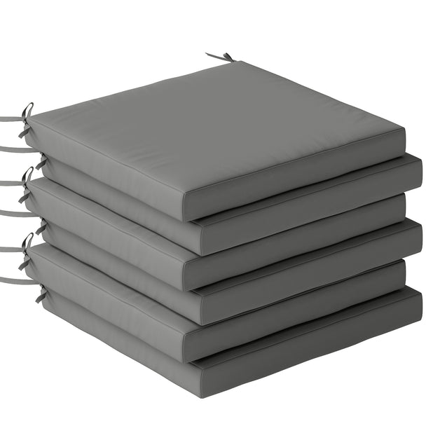 Six dark grey 46 x 42 cm garden seat cushions with ties on dining chairs