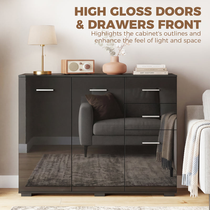HOMCOM Sideboard, Modern Storage Cabinet with 2 Drawers, 3 Doors and Adjustable Shelves, High Gloss Black – view 6