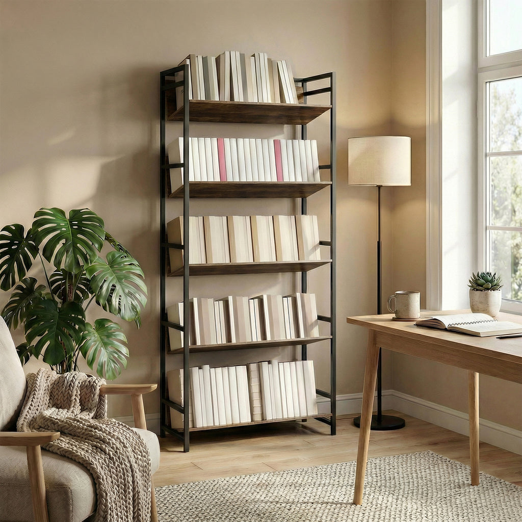 Bookshelf 5-Tier Metal Frame Room Divider Bookcase Storage Shelves for Living Room Rustic Brown