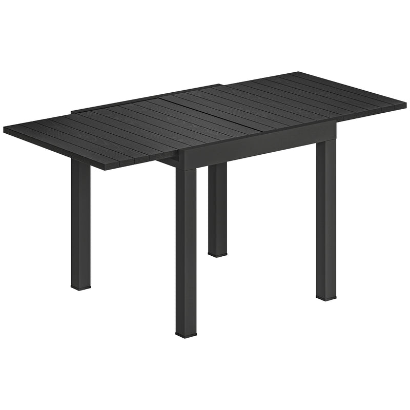 Extending black aluminium garden table with wood-effect slatted top, 80 to 160 cm