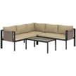 5-seater steel corner sofa set with two loveseats, corner seat, beige cushions and glass-top coffee table on a black frame