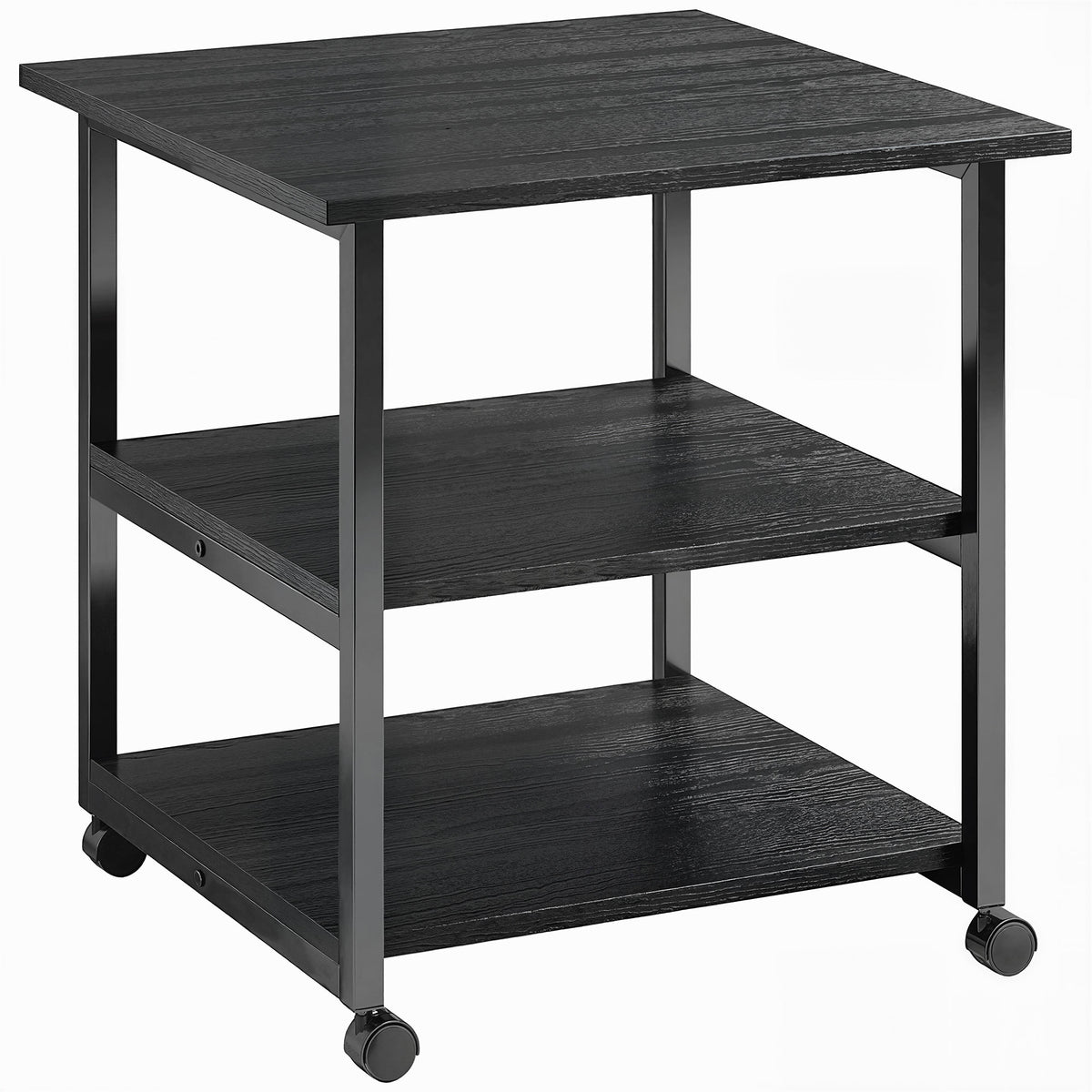Black three-tier mobile printer stand with steel frame and lockable wheels