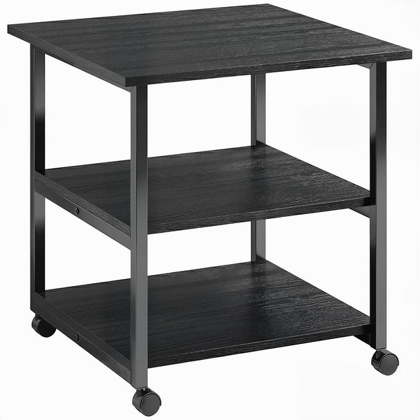 Black three-tier mobile printer stand with steel frame and lockable wheels