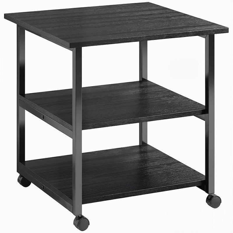 Black three-tier mobile printer stand with steel frame and lockable wheels