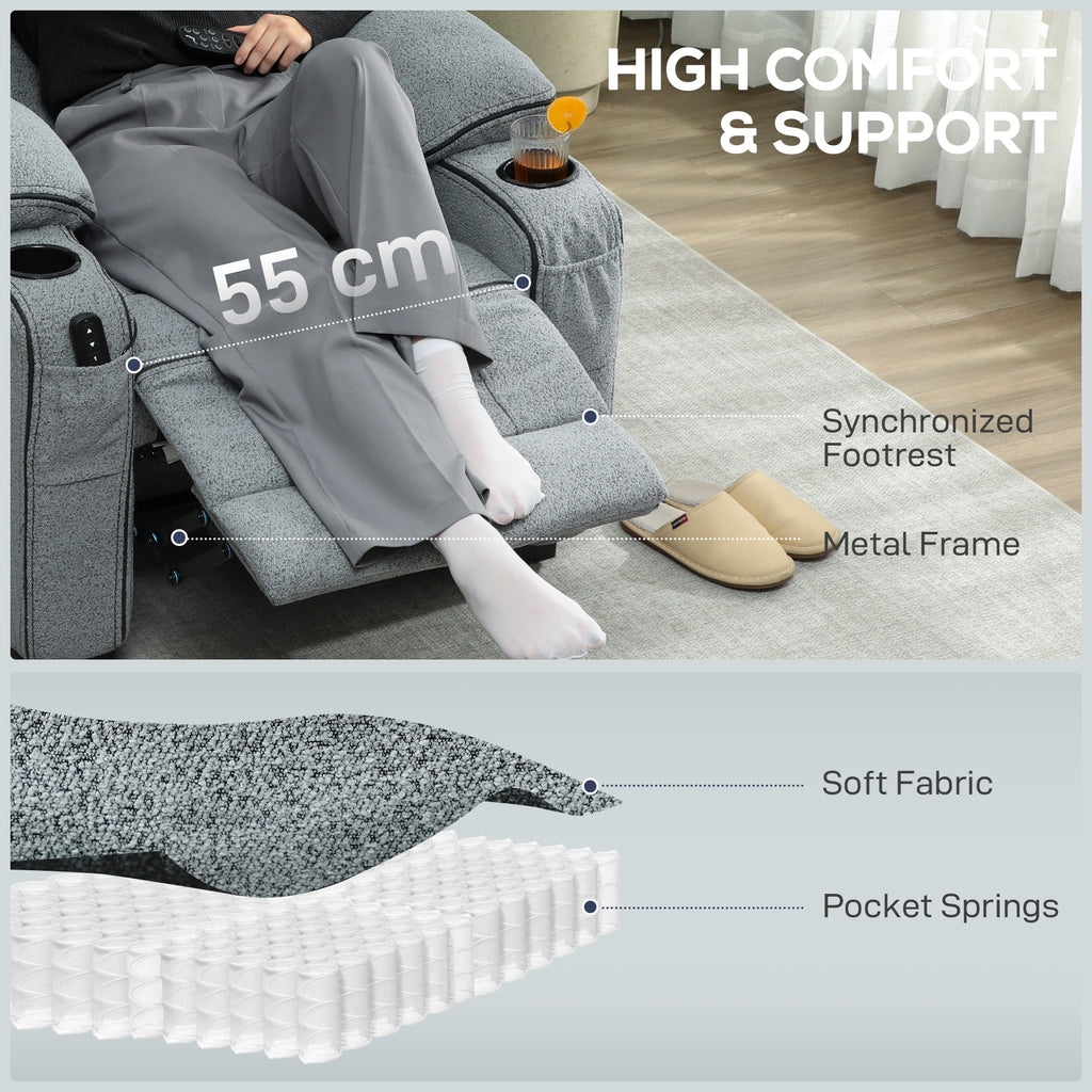 Electric Massage Recliner Armchair with Vibration, Heat, Whisper-Quiet Motor, Memory Function, Velvet Power Reclining Chair with Spring Pack, USB Port, Footrest, Side Pockets, Cup Holders, Grey
