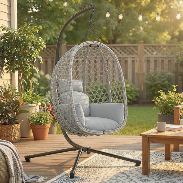 Outsunny Hanging Egg Chair, Indoor Outdoor Rattan Hammock Swing Chair with Stand, Safety Strap, Foldable Basket, Light – view 2