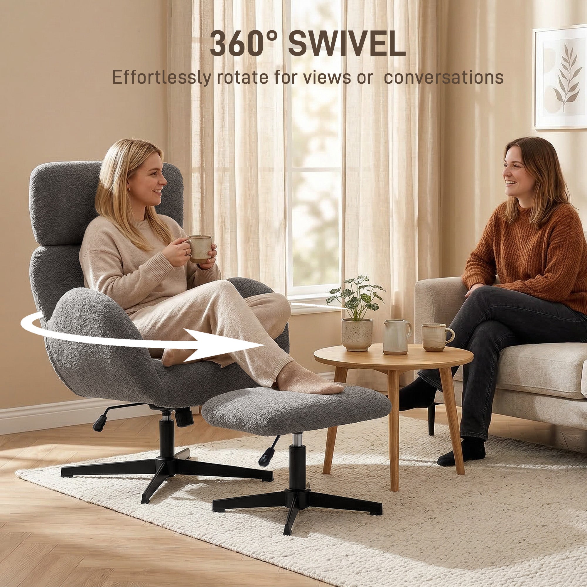 Swivel Armchair and Footstool Set, Height Adjustable Accent Chair with Adjustable Headrest, Rocking Function, Grey