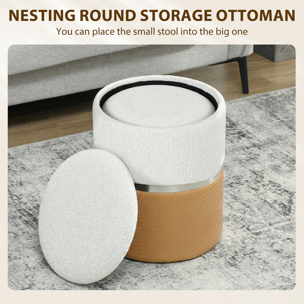Nesting Round Ottoman with Storage Set of 2 - Cream/Brown