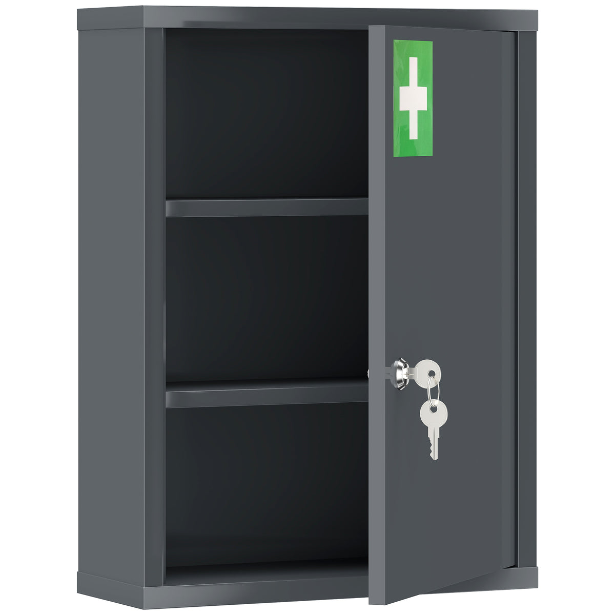 Smoke grey wall-mounted steel medicine cabinet with key lock and first aid cross on the door