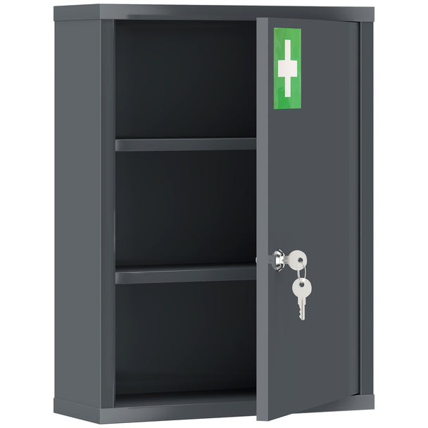 Smoke grey wall-mounted steel medicine cabinet with key lock and first aid cross on the door