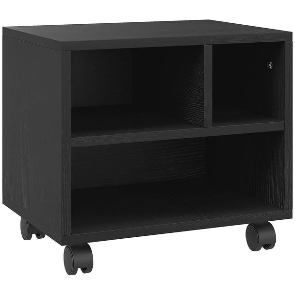 Compact black printer cabinet with three open compartments on wheels