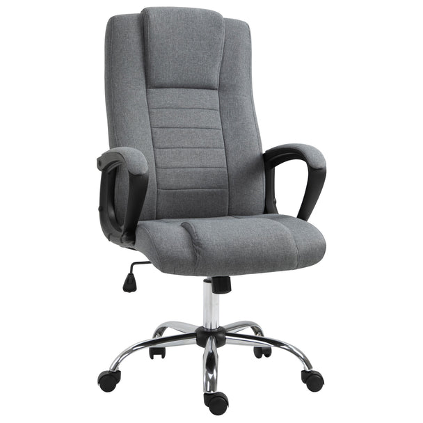 Dark grey linen-look high-back swivel office chair with padded armrests