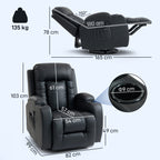 PU Leather Recliner Chair, Recliner Armchair with Extended Footrest, Cup Holders and Side Pockets, Black