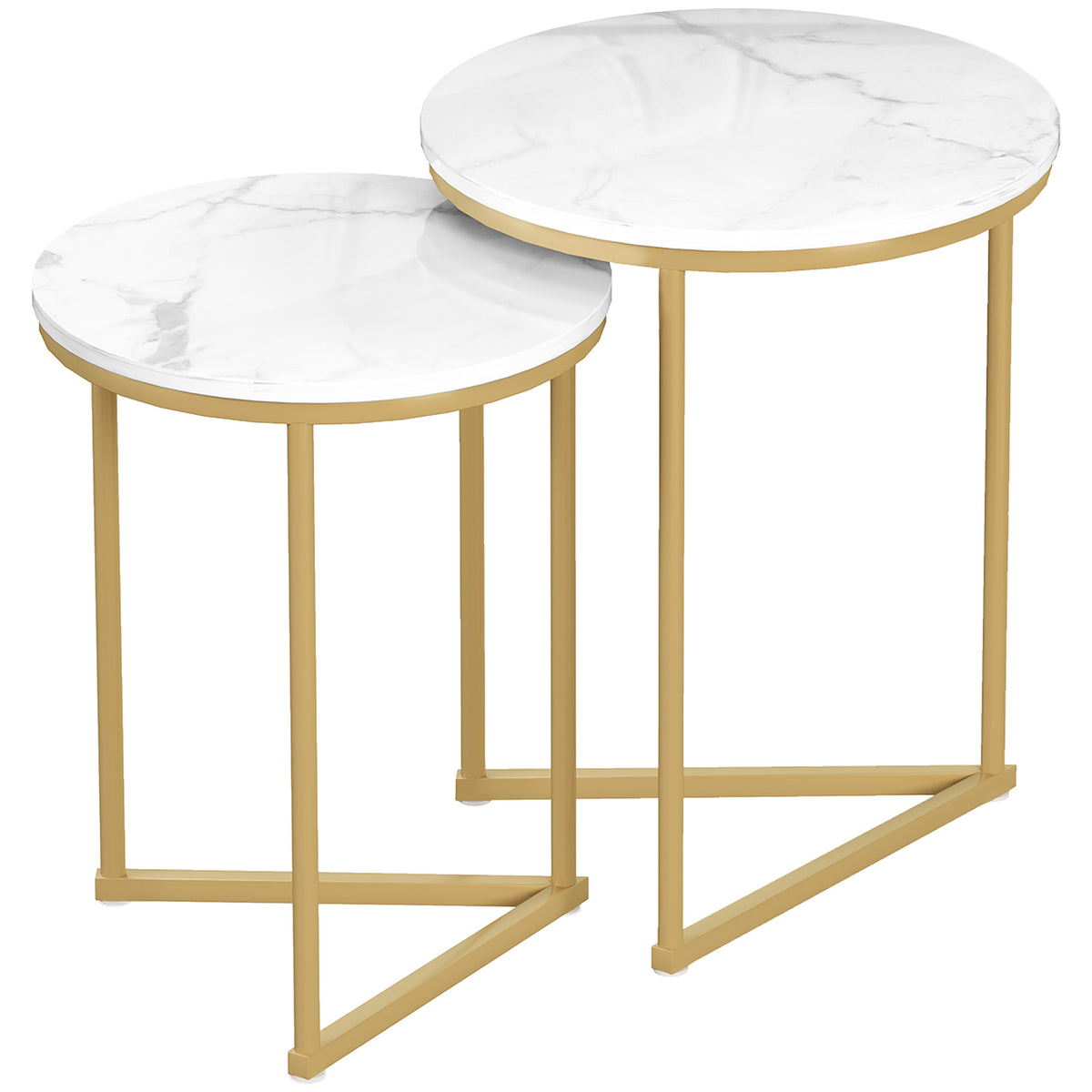 Set of 2 Marble-Effect Nesting Side Tables – White & Gold
