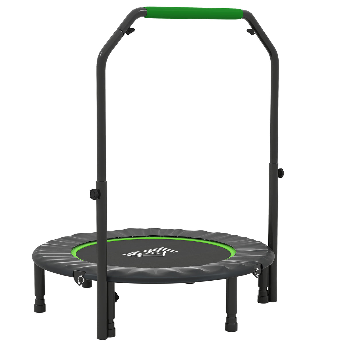 Green 40-inch foldable mini fitness trampoline with adjustable foam-padded handlebar and six legs