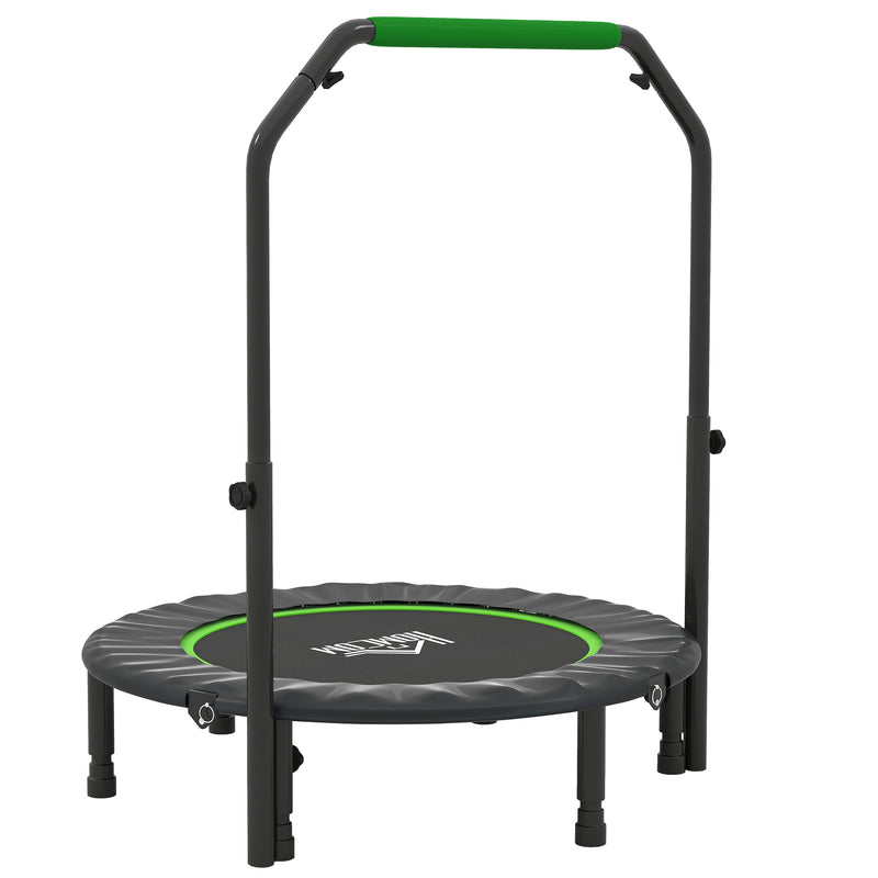 Green 40-inch foldable mini fitness trampoline with adjustable foam-padded handlebar and six legs