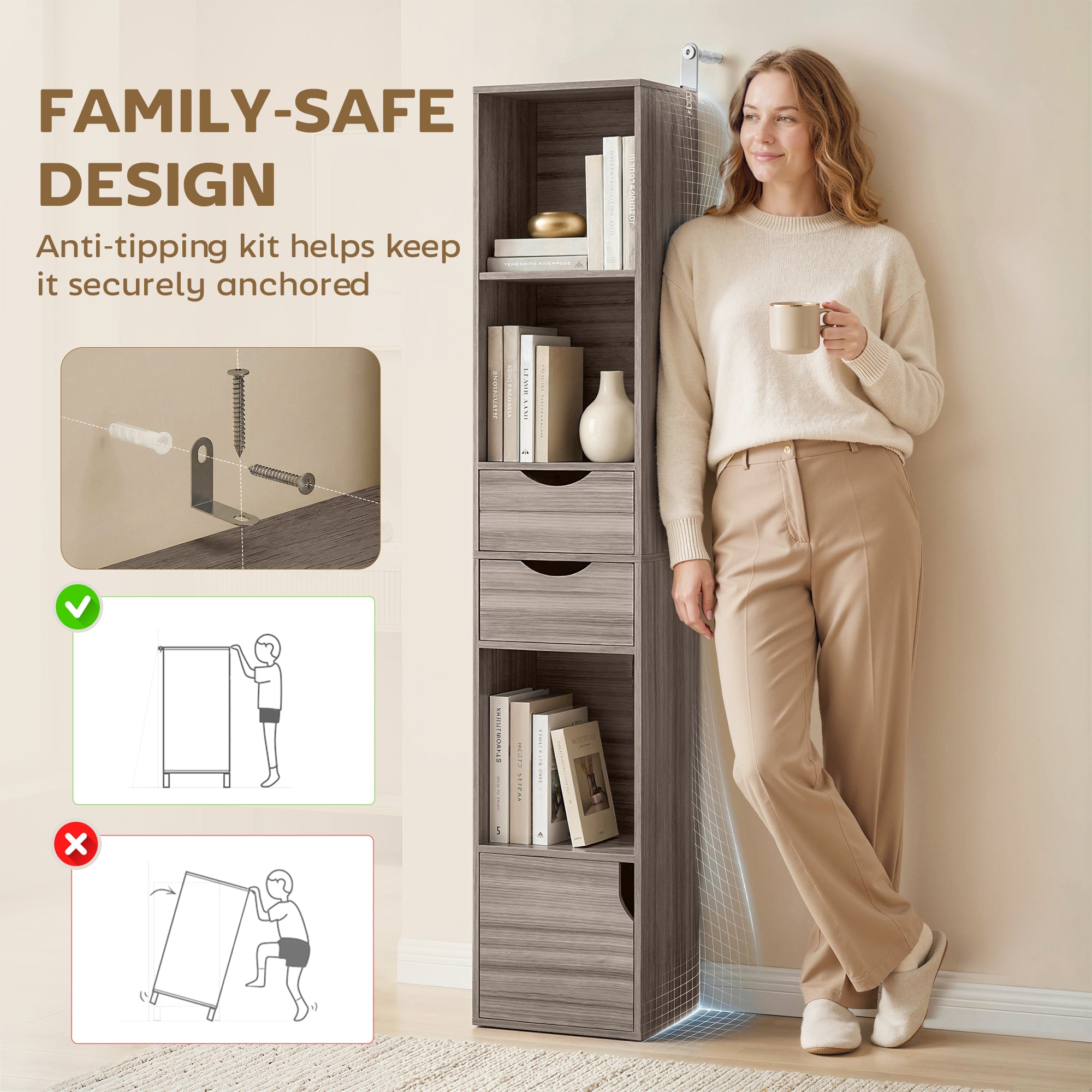 Bookcase with Drawers Adjustable Shelf Bookshelf with 2 Drawers and Cabinet 158 cm Grey
